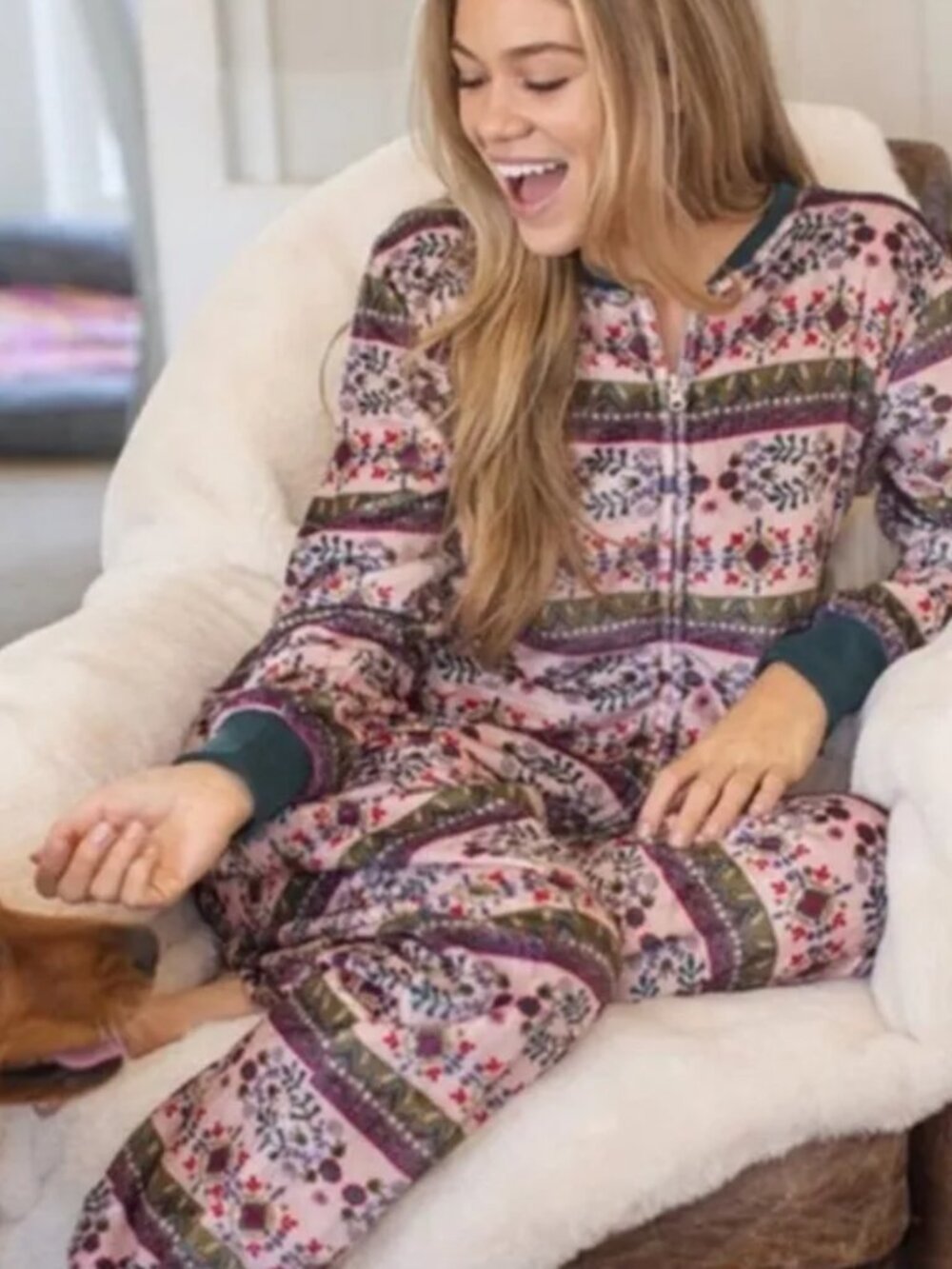 Natural Life One Piece Pink Floral Fleece Pajama Jumpsuit Cozy Lounge Boho M